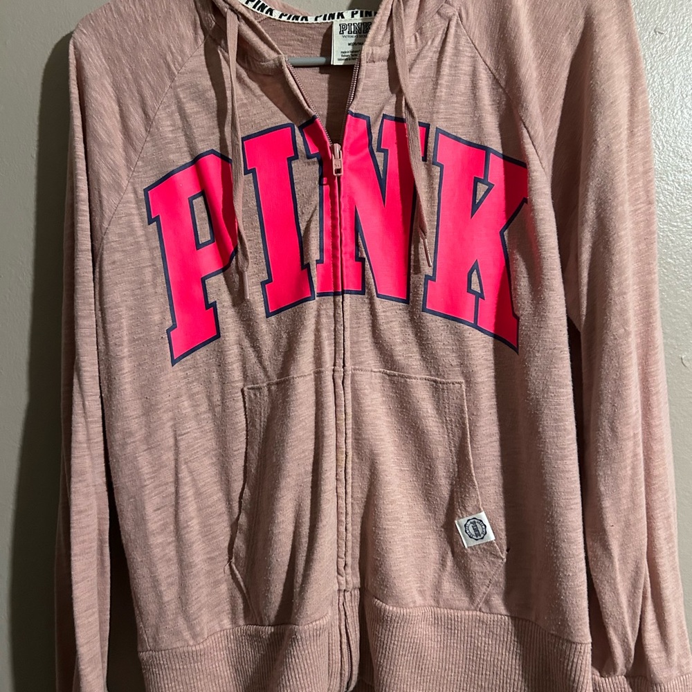 PINK Victoria's Secret Heathered Dusty Pink Hoodie with Navy Logo Patch